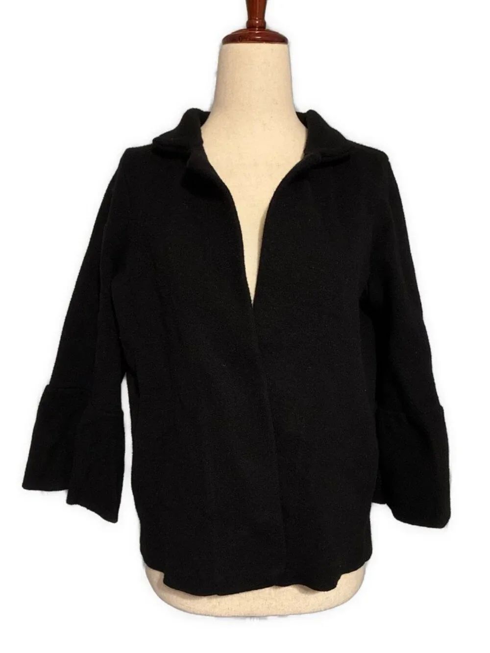 Anthropologie Solid Black Knit Blazer Jacket 3/4 Bell Sleeve Medium